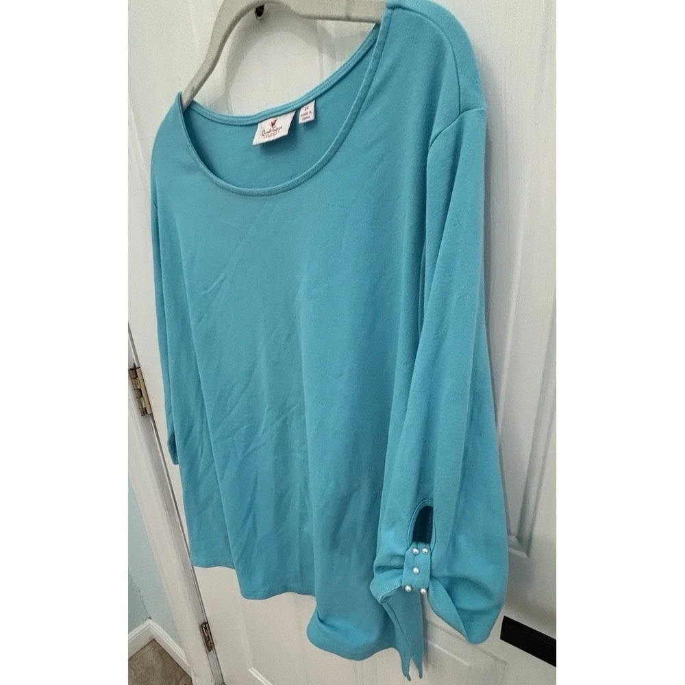 Quacker Factory Women 2X Turquoise Blue 3/4 Sleeve Top Pearl Bow Cuffs Cotton - Picture 4 of 7